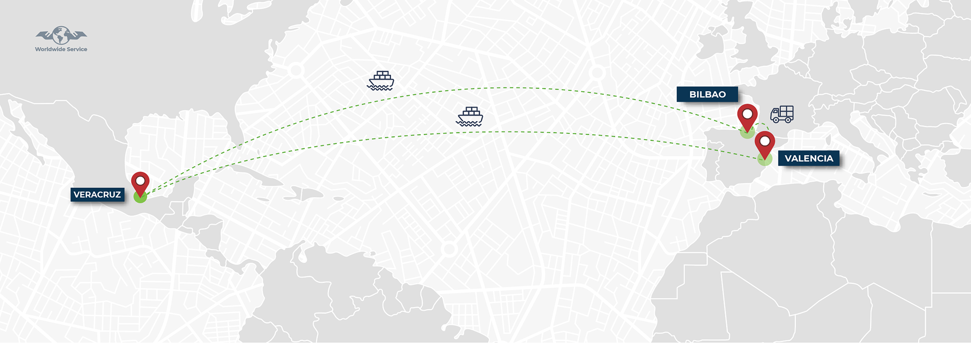 Map showing that part of the silo went from Valencia to Bilbao by Ground freight and the main part left from Valencia. Both arrived in Mexico at the same time!