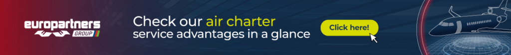 On the left of a draw of a small air charter plane, it's written: Check our air charter service advantages in a glance. Europartners Group. There's also a yellow button written click here.