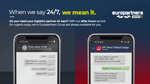 The picture shows two cellphones, in one, the person has no answer. On the other, our time critical cargo team is there to tell where the cargo is. On the top of the ad, it's written: when we say 24/7, we mean it.