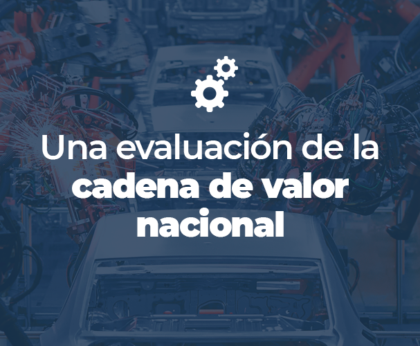 Foto de una línea de producción automotriz con el título "una evaluación de la cadena de valor nacional".