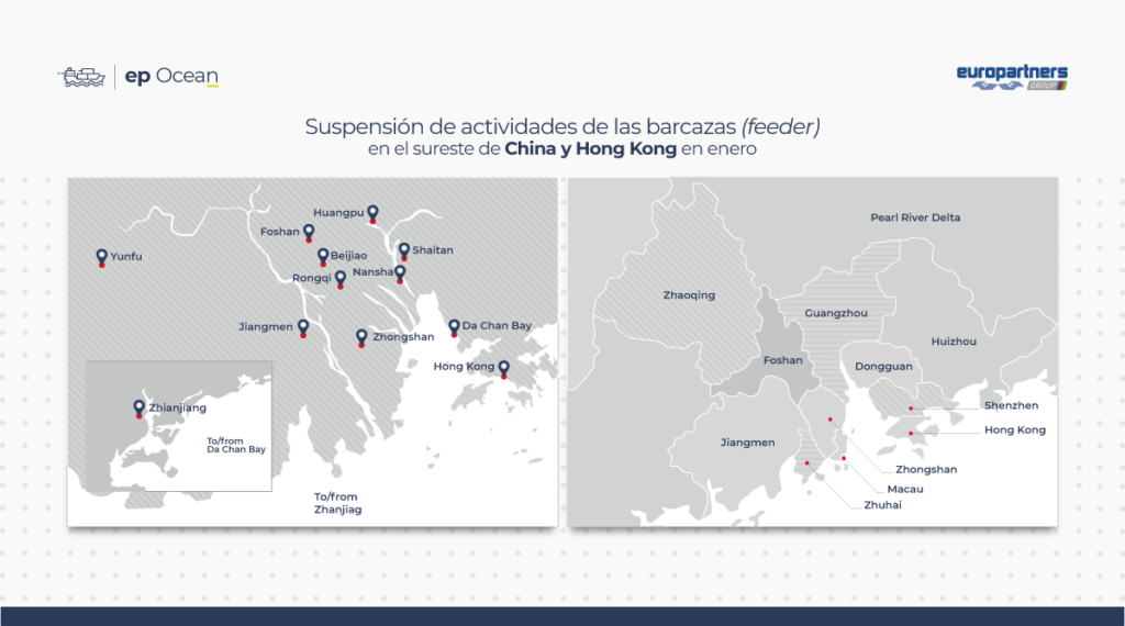 Mapa de la suspensión de actividades de las barcazas en el sureste de China y Hong Kong