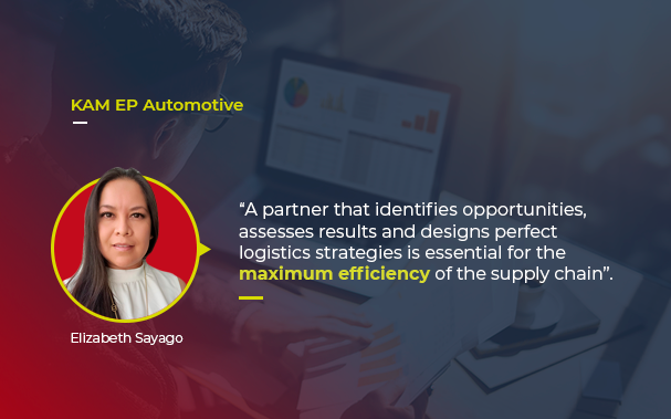 Over the picture of a professional assessing data, there's the picture of Elizabeth Sayago, author of the article, and a quote: "a partner taht identifies opportunities, assesses results and designs perfect logistics strategies is essential for the maximum efficiency of the supply chain"