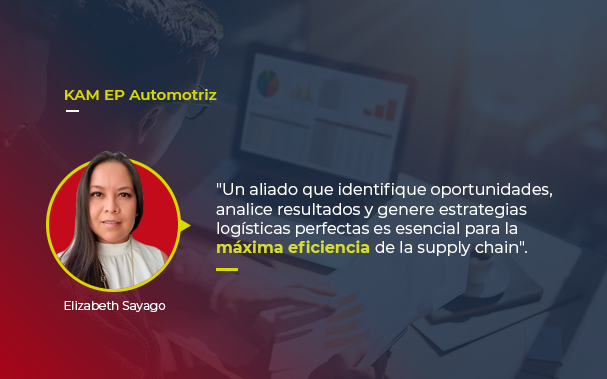 Sobre la foto de un profesional evaluando datos, está la foto de Elizabeth Sayago, autora del artículo, y una cita: "un aliado que identifique oportunidades, analice resultados y genere estrategias logísticas perfectas es esencial para la máxima eficiencia de la supply chain".