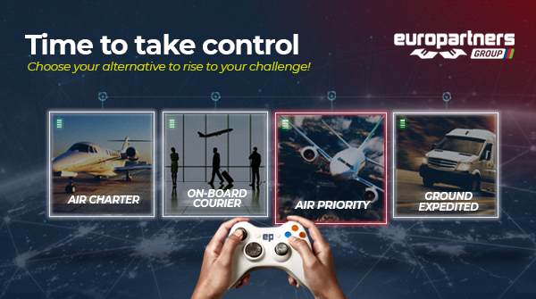 The picture shows a hand holding a videogame joystick. On the screen in front of the person, there's four Time Critical Cargo options: air charter, on-board courier, sir priority and ground expedited. On the top of the ad, it's writter: Europartners, time to take control, choose your alternatives to rise to your challenge!