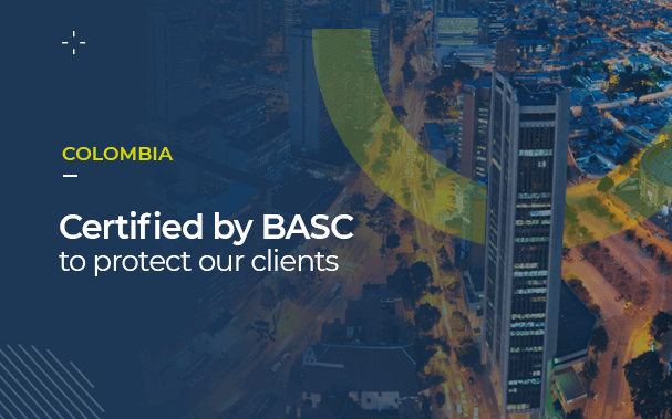 Over a picture of modern Bogita, it's written COLOMBIA, certified by BASC to protect our clients