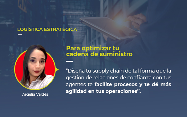 Sobre la foto de un ejecutivo gestionando su cadena de suministro con una tableta electrónica, está la foto de Argelia Valdez, líder de proyectos estratégicos de Europartners Group y autora de este artículo sobre LOGÍSTICA ESTRATÉGICA, y una cita de ella: “Diseña de tu supply chain de forma que la gestión de relaciones de confianza con tus agentes te facilite procesos y te dé más agilidad en tus operaciones”.