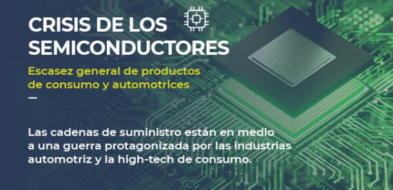 Semiconductores y la Gran Crisis de la Cadena de Suministro: sobre la imagen de un microchip, está escrito: CRISIS DE LOS SEMICONDUCTORES Escasez general de productos de consumo y automotrices Las cadenas de suministro están en medio a una guerra protagonizada por las industrias automotriz y la high-tech de consumo.