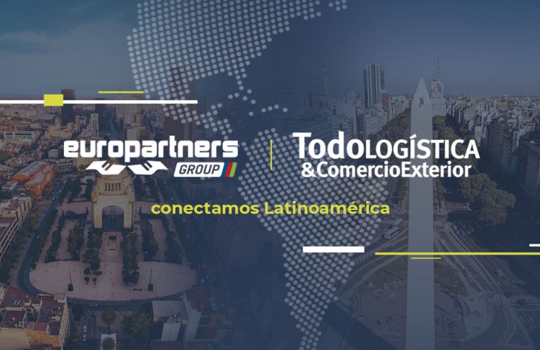 Sobre la foto de dos puntos turísticos incónicos de México y de Buenos Aires, en Argentina, está escrito Europartners Group y Todologística y comercio exterior, conectamos Latinoamérica