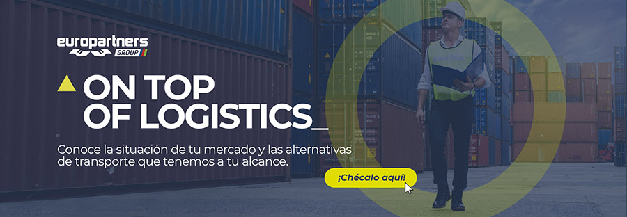 Al lado de la foto de un profesional de logística caminando por contenedores en un puerto, está la logo de Europartners Group y está escrito ACTUALIZACIÓN DE MERCADO On top of logistics Conoce la situación de tu mercado y las alternativas de transporte que tenemos a tu alcance.