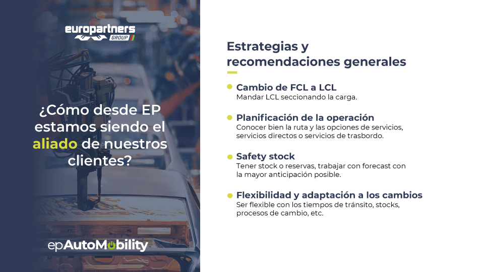 Sobre la imagen de una línea de producción automotriz, está escrito ¿cómo desde Europartners estamos siendo el aliado de nuestros clientes? Al lado, listamos estrategias y recomendaciones generales: Mayor entendimiento de planeación de lead times. Estrategias de compra de proveeduría alterna. Conectividad& plan estratégico digital – 4.0 Visibilidad electrónica y por medios digitales. Variedad de soluciones logísticas. Planeación de High Runners & Low Runner.