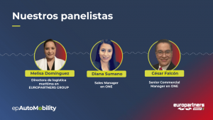 Imagen de los panelistas del webinar Europartners y ONE sobre la crisis marítima y el sector automotriz, con las fotos de Melisa Dominguez, directora de logística marítima en Europartners Group, Diana Sumano, sales manager en ONE y César Falcón, senior comercial manager en ONE.