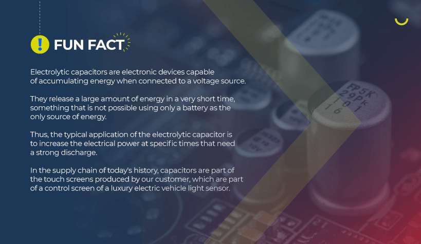 Over the picture of a capacitator, we've written a Fun fact: Electrolytic capacitors are electronic devices capable of accumulating energy when connected to a voltage source. They release a large amount of energy in a very short time, something that is not possible using only a battery as the only source of energy. Thus, the typical application of the electrolytic capacitor is to increase the electrical power at specific times that need a strong discharge. In the supply chain of today's history, capacitors are part of the touch screens produced by our customer, which are part of a control screen of a luxury electric vehicle light sensor. Do you need comprehensive logistics solutions? Contact us!