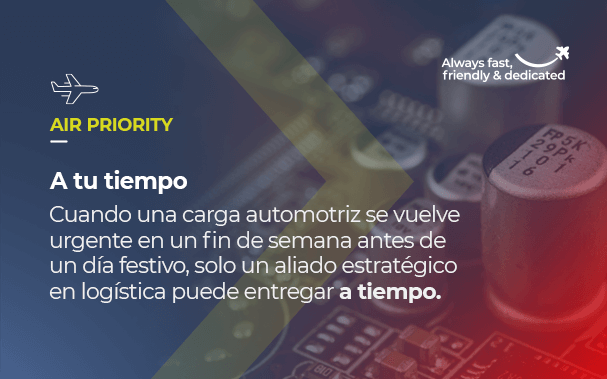 Sobre la imagen de capacitadores, está escrito AIR PRIORITY A tu tiempo Cuando una carga automotriz se vuelve urgente en un fin de semana antes de un día festivo, solo un aliado estratégico en logística puede entregar a tiempo.