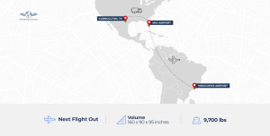 Image of a map that shows the aircraft engine route, from Carrollton to Miami Airport in a Grounf Freight Unit and from Miami Airport to Viracopos Airport (in Sao Paulo, Brasil) in a direct flight. 