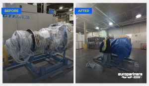 Picture of one of our aviation logistics experts with the GE CF34-E engine packed. 