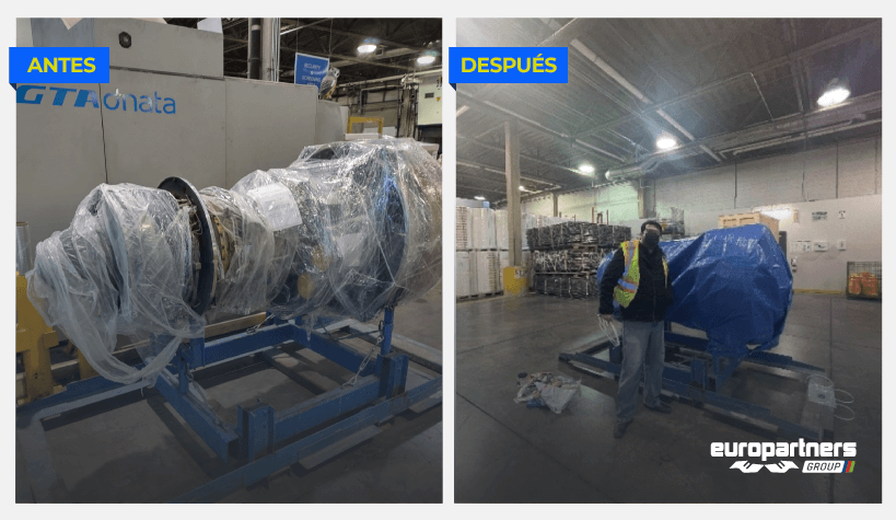 Imagen de uno de nuestros expertos en logística de aviación con el motor GE CF34-E empaquetado.