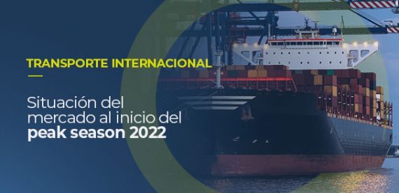 Sobre la imagen de un buque de carga lleno de contenedores, está escrito: TRANSPORTE INTERNACIONAL, Situación del mercado a inicios del peak season 2022