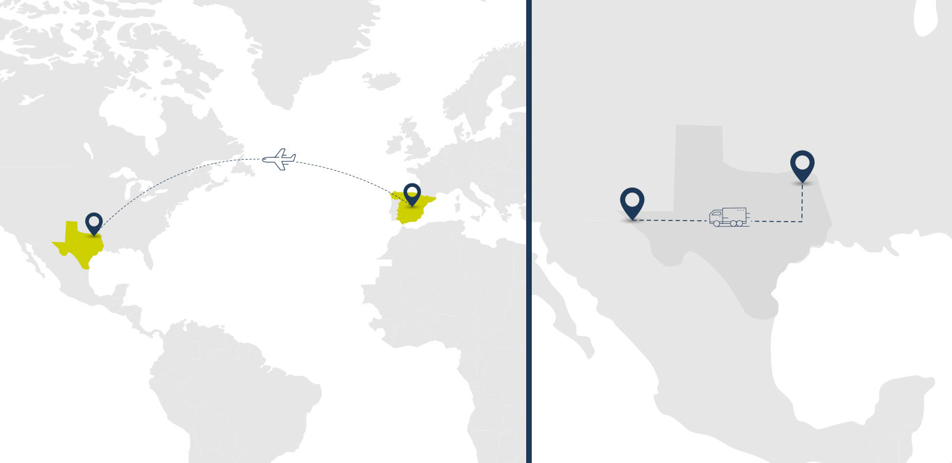 Un mapa muestra la operación para exportar desde España: Servicio Air Priority (Next Flight Out) desde Barajas (IATA: MAD) a Dallas (IATA: DFW), y última milla a El Paso. A map shows our operation exporting from Spain: Air Priority (Next flight out) service from Barajas, in Madrid, to Dallas, in the United States, and last mile with ground freight to El Paso.