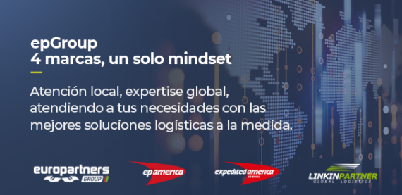 Sobre la imagen de un mapamundi, está escrito: epGroup, 4 marcas, un solo mindset. Atención local, expertise global, atendiendo a tus necesidades con las mejores soluciones logísticas a la medida.