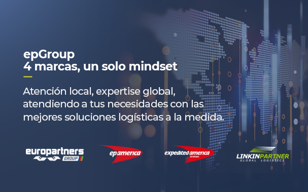 Sobre la imagen de un mapamundi, está escrito: epGroup, 4 marcas, un solo mindset. Atención local, expertise global, atendiendo a tus necesidades con las mejores soluciones logísticas a la medida.