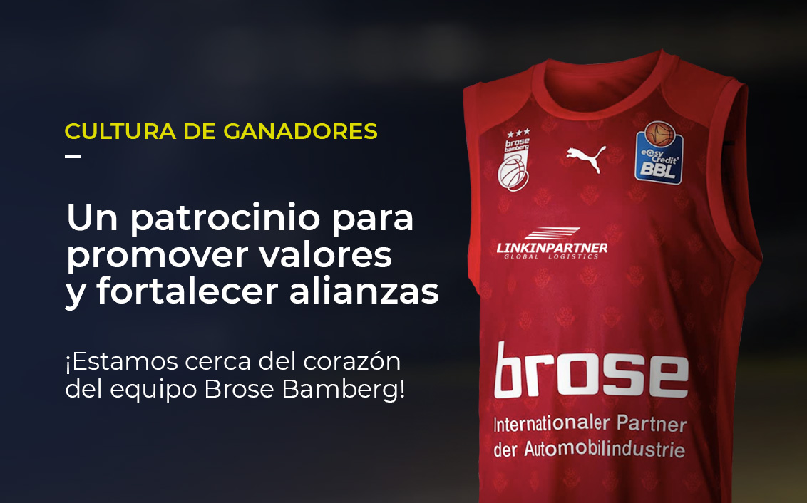 Al lado de la imagen de la camisa roja del equipo, está escrito: CULTURA DE GANADORES, Un patrocinio para promover valores y fortalecer alianzas. ¡Estamos cerca del corazón del equipo Brose Bamberg Básquetbol!