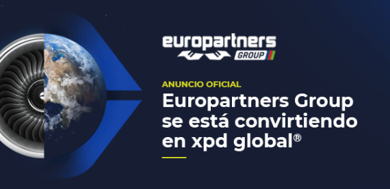 Sobre la imagen de un círculo que es mitad turbina, mitad el planeta Tierra, está escrito anuncio oficial, europartners group se está convirtiendo en xpd global