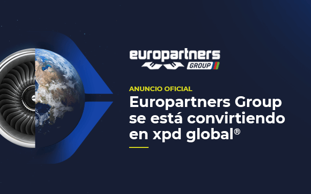 Sobre la imagen de un círculo que es mitad turbina, mitad el planeta Tierra, está escrito anuncio oficial, europartners group se está convirtiendo en xpd global