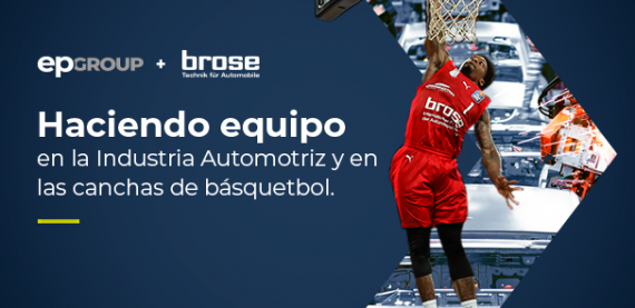 Para comunicar la idea de un patrocinio y una alianza comercial de éxito, sobre un arte que une la imagen de uno de los jugadores del equipo de básquetbol Brose Bamberg al de una línea de producción automotriz y las logos de epGroup y Brose, está escrito epGrouo y Brose, haciendo equipo en la Industria Automotriz y en las canchas de básquetbol.