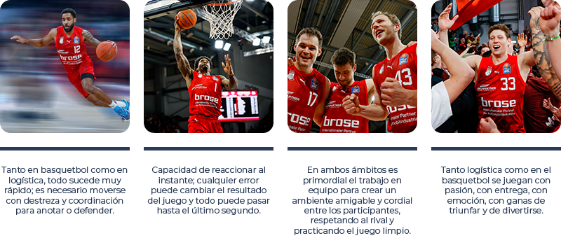 Para hablar del patrocinio, sobre la imagen de jugadores de Brose Basquetbol, listamos 4 valores que la logística comparte con esta modalidad deportiva: Tanto en basquetbol como en logística, todo sucede muy rápido; es necesario moverse con destreza y coordinación para anotar o defender. Capacidad de reaccionar al instante; cualquier error puede cambiar el resultado del juego y todo puede pasar hasta el último segundo. En ambos ámbitos es primordial el trabajo en equipo para crear un ambiente amigable y cordial entre los participantes, respetando al rival y practicando el juego limpio. Tanto logística como en el basquetbol se juegan con pasión, con entrega, con emoción, con ganas de triunfar y de divertirse. 