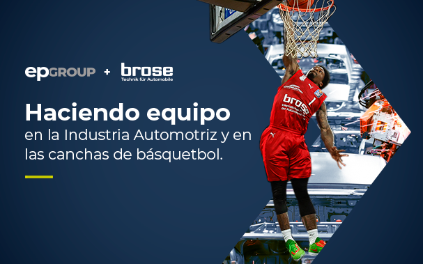 Para comunicar la idea de un patrocinio y una alianza comercial de éxito, sobre un arte que une la imagen de uno de los jugadores del equipo de básquetbol Brose Bamberg al de una línea de producción automotriz y las logos de epGroup y Brose, está escrito epGrouo y Brose, haciendo equipo en la Industria Automotriz y en las canchas de básquetbol.